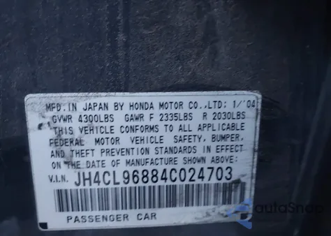 2004 Acura Tsx z USA, uszkodzony, nr VIN JH4CL96884C024703